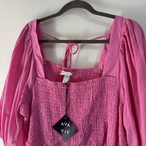 NWT Ava & Viv Blouse Shirt 2X Pink Peasant Boho Smocked Square Neck Cotton - Picture 2 of 7